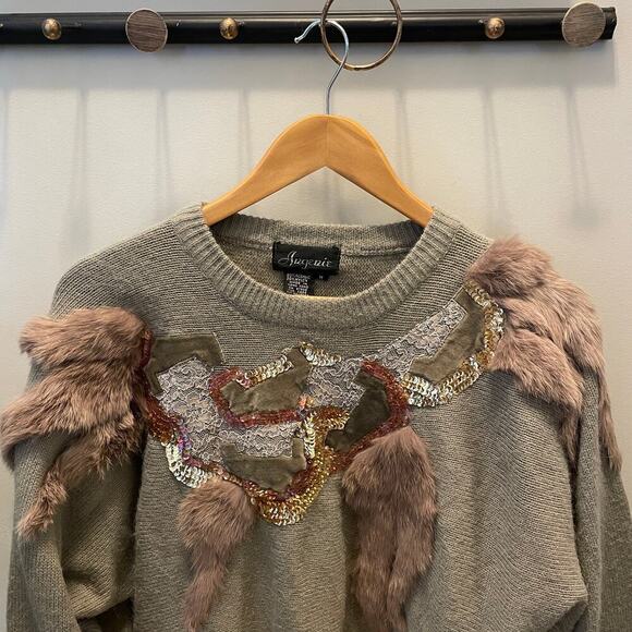 Vintage 80s Angenie Sequin & Fur Sweater | Statement Glam, Womens M, EUC, RARE - Picture 4 of 9